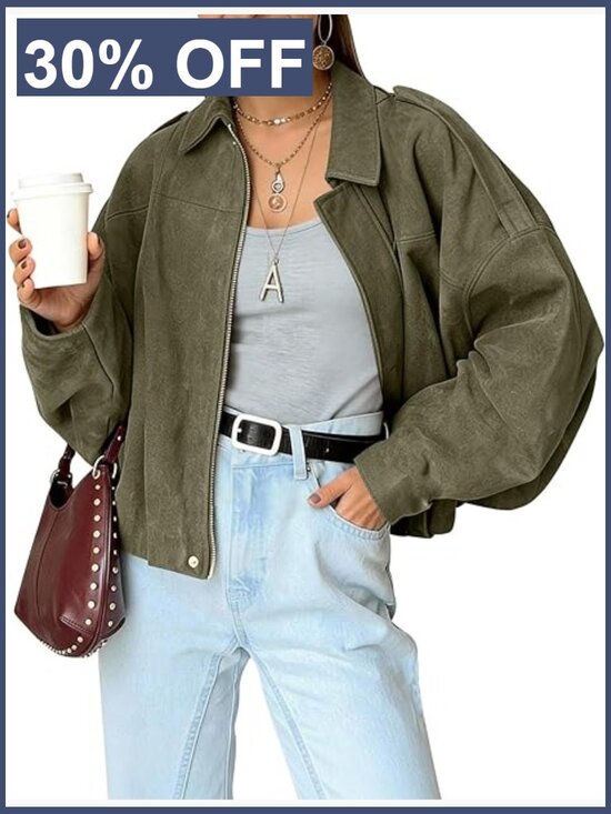Jackets & Blazers - Faux Suede Bomber Jacket Oversized Batwing Long Sleeve Zip Up Cropped Streetwear
